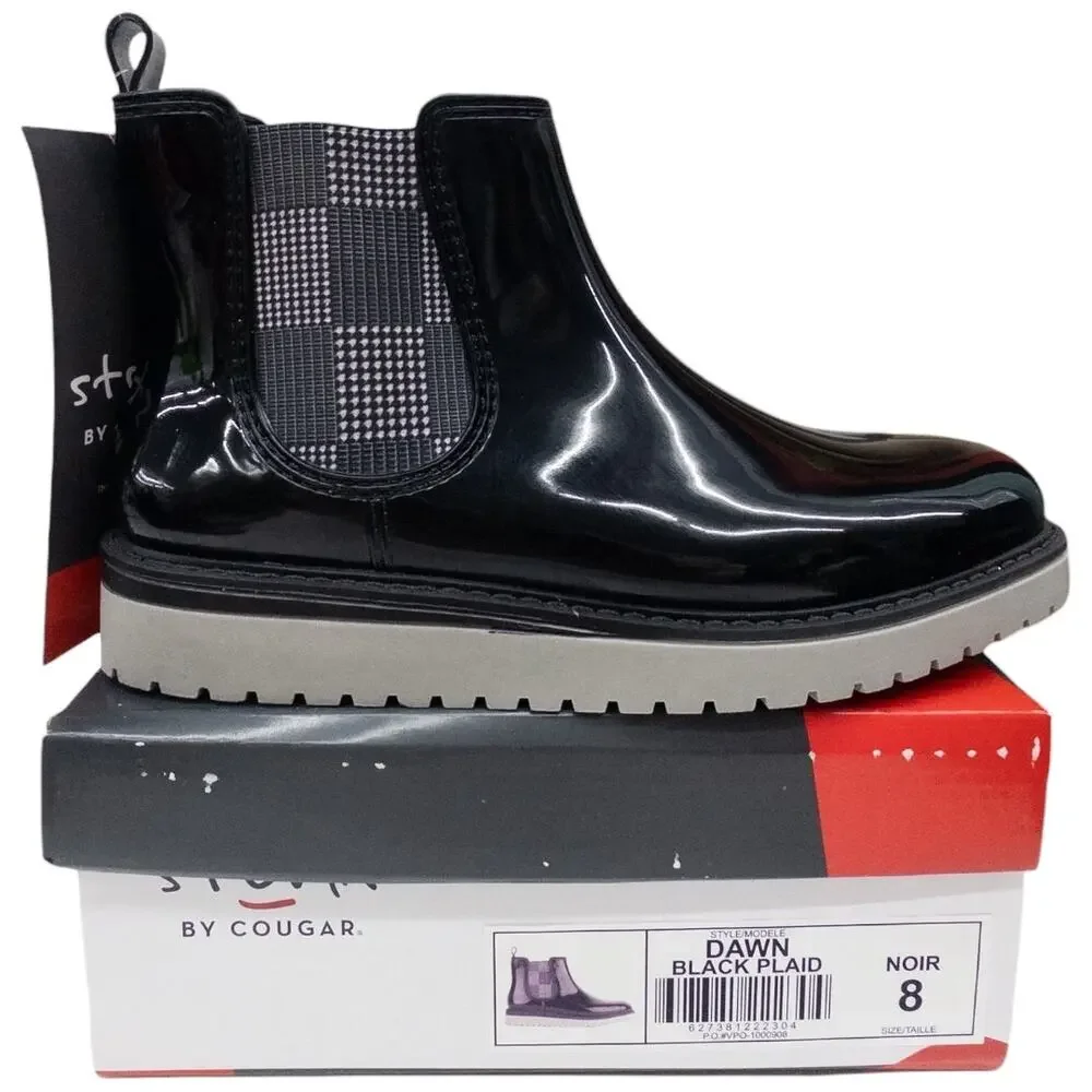 Storm by Cougar Dawn Waterproof Chelsea Rain Boots Women's 8 Glossy Black Plaid